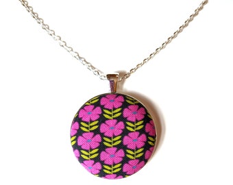 Pink flowers on black handmade fabric necklace - Magenta, green, and black floral pendant necklace