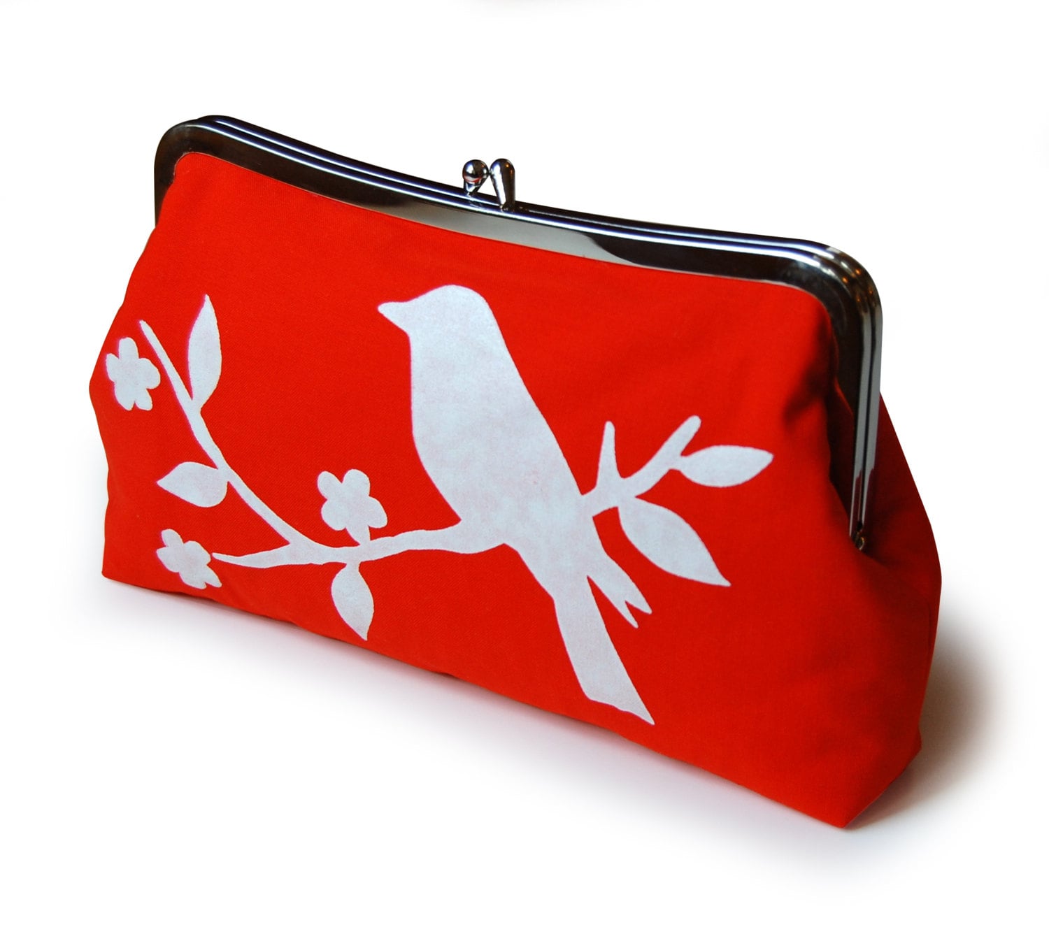 Orange clutch bag, Bird handbag, Fabric clutch purse, Screen printed