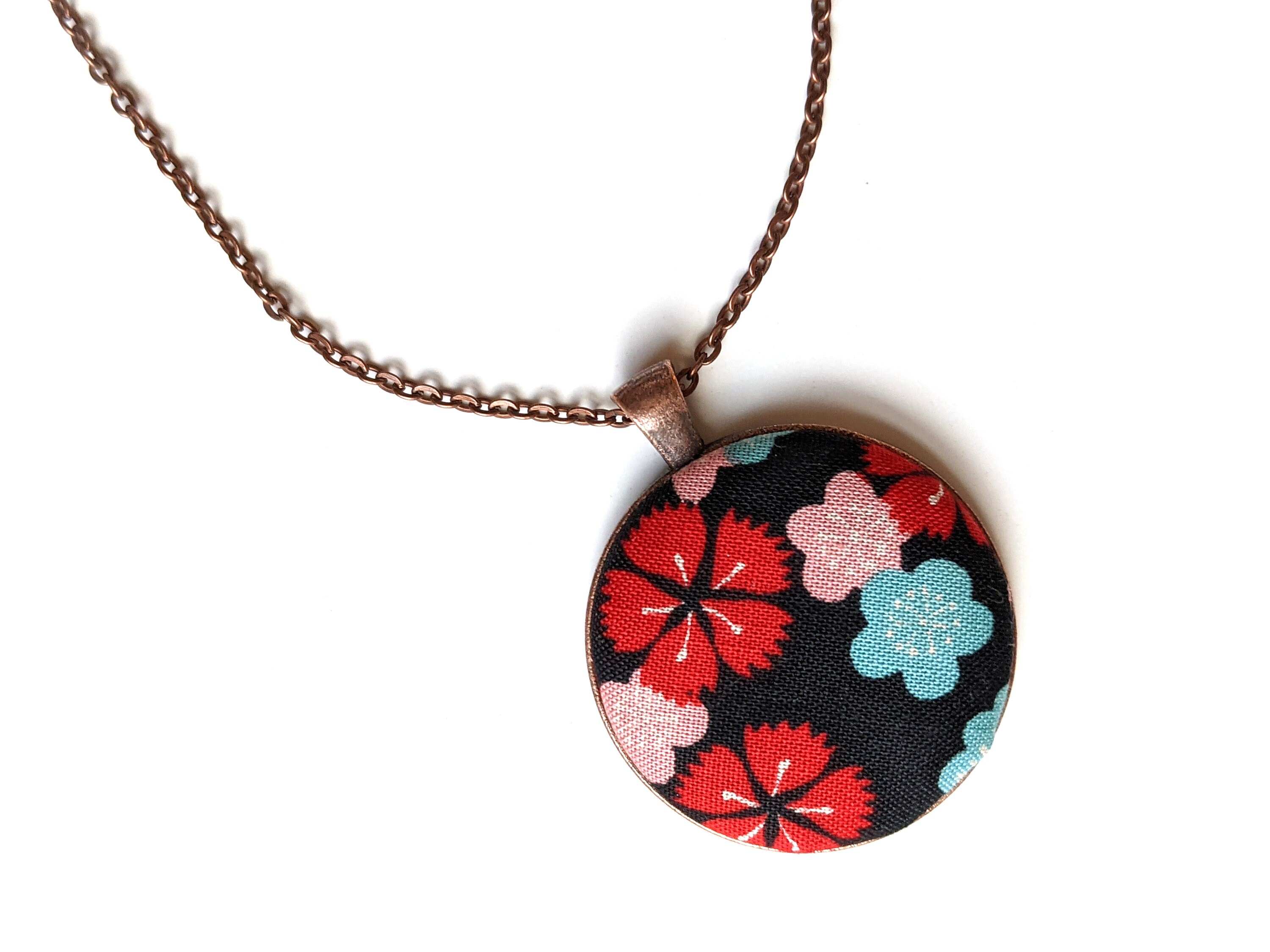 Black sakura flower handmade fabric necklace fabric button necklace