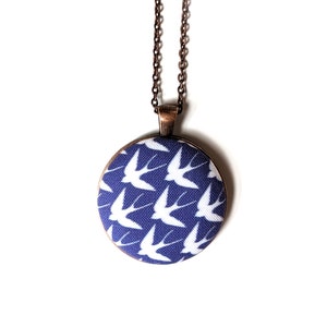 Blue and white birds handmade fabric necklace - blue and white fabric pendant necklace - Swallow birds fabric necklace