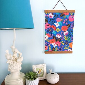 Fabric wall hanging Colorful flowers fabric wall art Blue floral wall tapestry with wooden magnetic hangers image 8