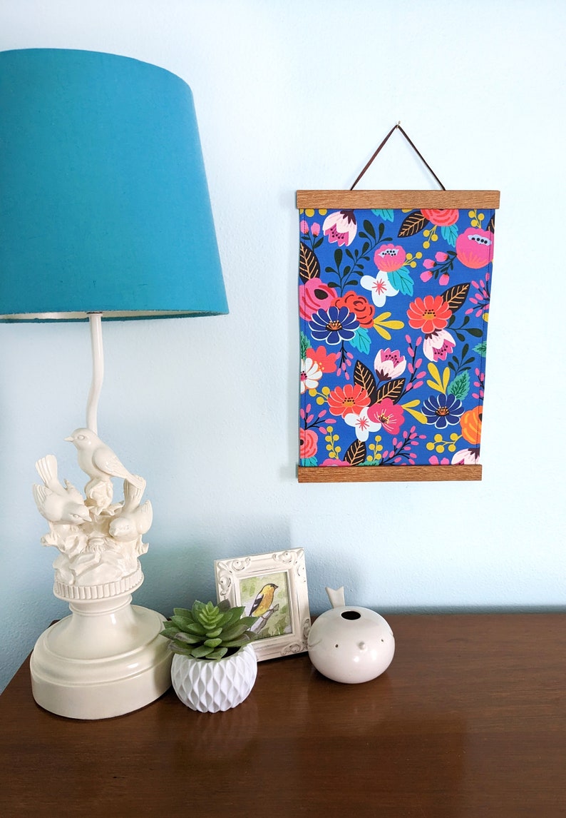 Fabric wall hanging Colorful flowers fabric wall art Blue floral wall tapestry with wooden magnetic hangers image 8
