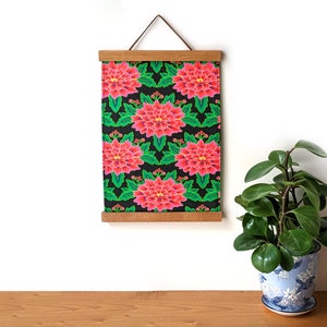 Fabric wall hanging - Bright pink flowers fabric wall art - Floral fabric wall decor with wooden magnetic hangers - framed floral wall art