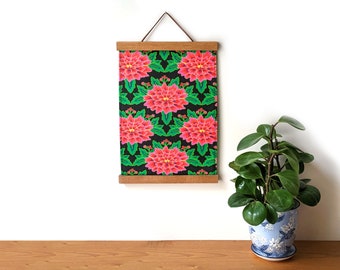 Fabric wall hanging - Bright pink flowers fabric wall art - Floral fabric wall decor with wooden magnetic hangers - framed floral wall art