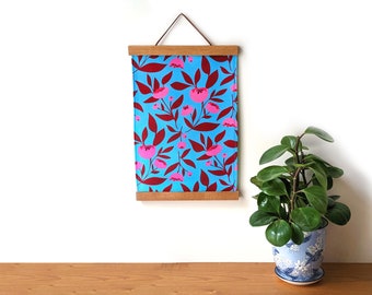 Fabric wall hanging - Aqua and pink floral fabric wall art - Colorful flower wall tapestry with wooden magnetic hangers