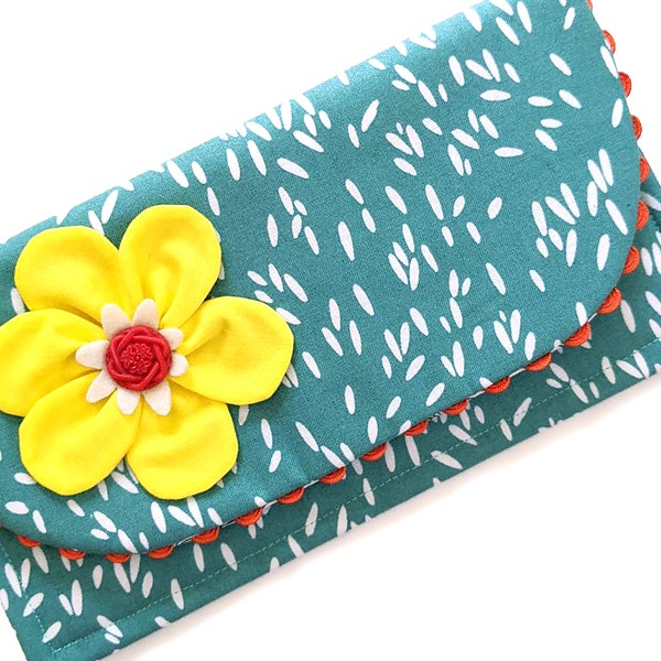 The Ric Rac Clutch Purse with yellow flower on teal