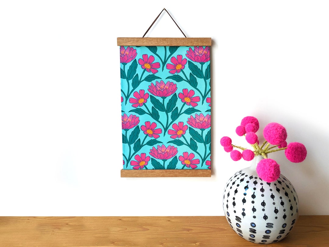 Fabric Wall Hanging Pink Wildflowers on Turquoise Fabric Wall Art Aqua Floral Fabric Wall