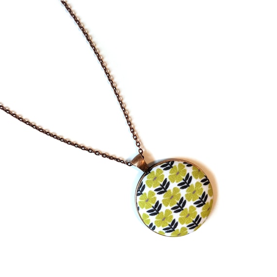 Yellow flowers handmade fabric necklace - fabric button necklace - Yellow floral pendant necklace