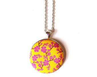 Sakura flower handmade fabric necklace in yellow and pink - fabric button necklace - Yellow and pink Japanese floral necklace