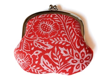 Block printed coin purse in red and white - change purse in red and white floral print - block printed flower pattern coin purse