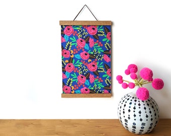Fabric wall hanging - Blue and pink floral fabric wall art - Colorful flower wall tapestry with wooden magnetic hangers