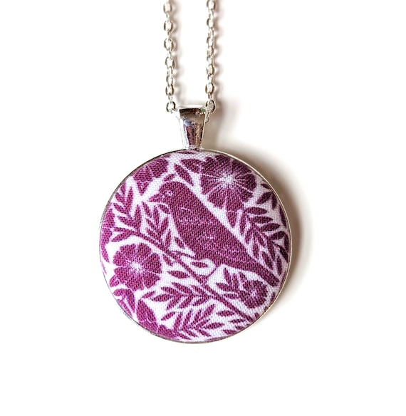 Purple bird and flowers handmade fabric necklace - fabric button necklace - Blockprinted bird necklace - purple and white