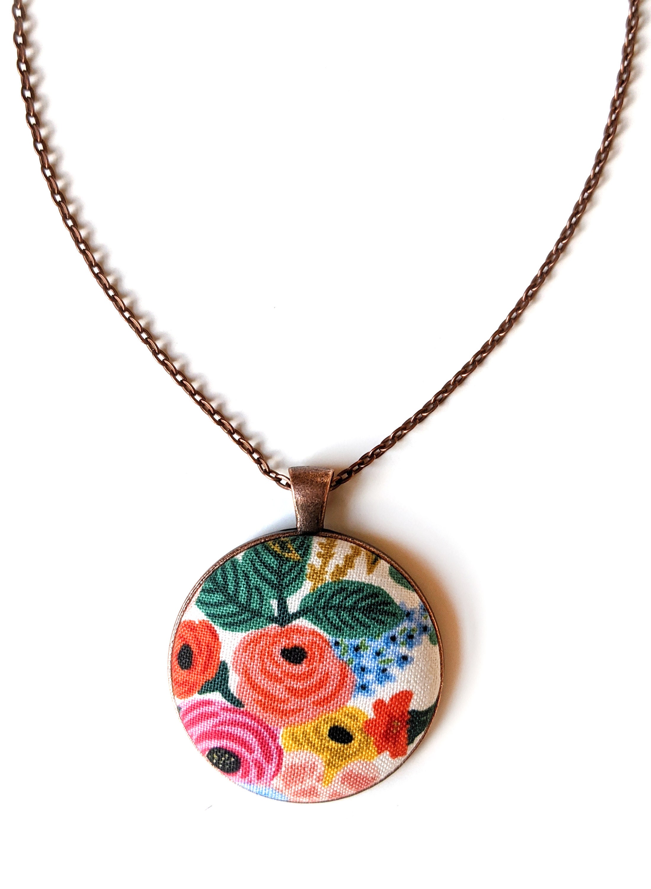 Rifle Paper Co Whimsical Statement Necklace Alice in Wonderland Floral Bib Fabric Wood Pendant
