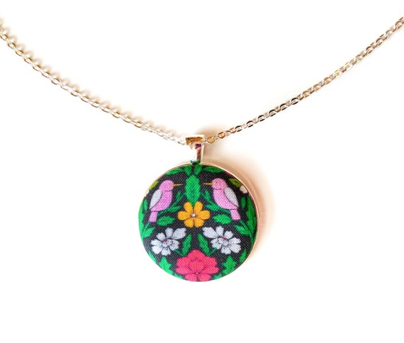 Modern floral damask handmade fabric necklace - birds and flowers fabric necklace - pink, orange, green, and black  fabric button necklace