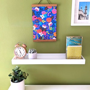 Fabric wall hanging Colorful flowers fabric wall art Blue floral wall tapestry with wooden magnetic hangers image 4