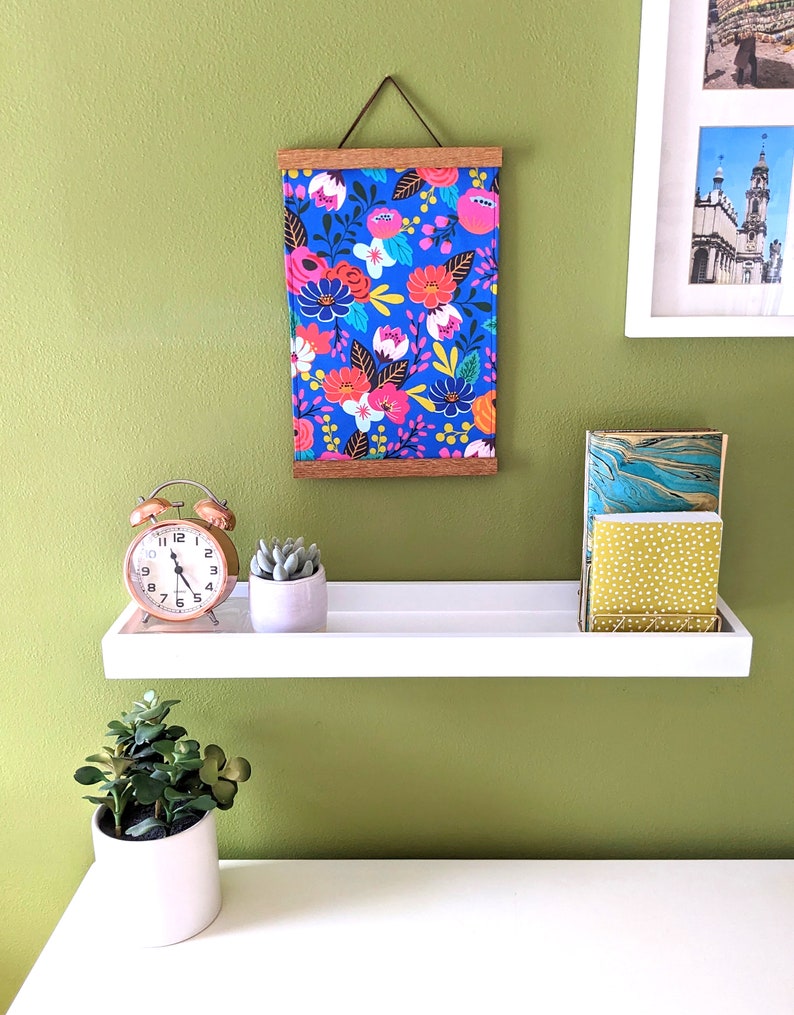 Fabric wall hanging Colorful flowers fabric wall art Blue floral wall tapestry with wooden magnetic hangers image 4