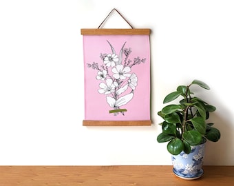 Fabric wall hanging - Hand drawn floral bouquet on pink fabric wall art - Baby pink fabric wall tapestry with wooden magnetic hangers