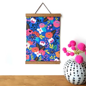 Fabric wall hanging Colorful flowers fabric wall art Blue floral wall tapestry with wooden magnetic hangers image 2