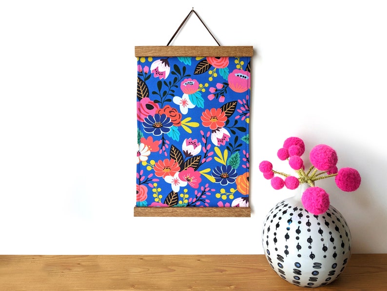 Fabric wall hanging Colorful flowers fabric wall art Blue floral wall tapestry with wooden magnetic hangers image 2