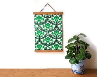 Green Damask Floral Fabric Wall Hanging with Magnetic Wood Hangers