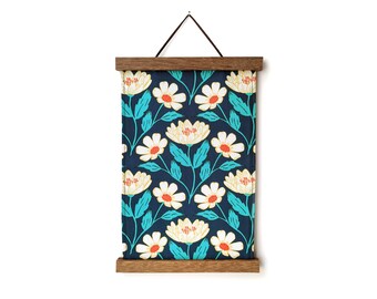 Fabric wall hanging - White wildflowers on teal fabric wall art - Teal green floral fabric wall tapestry with wooden magnetic hangers