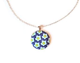 Blue floral handmade fabric necklace - blue fabric button necklace - Violet flowers fabric necklace