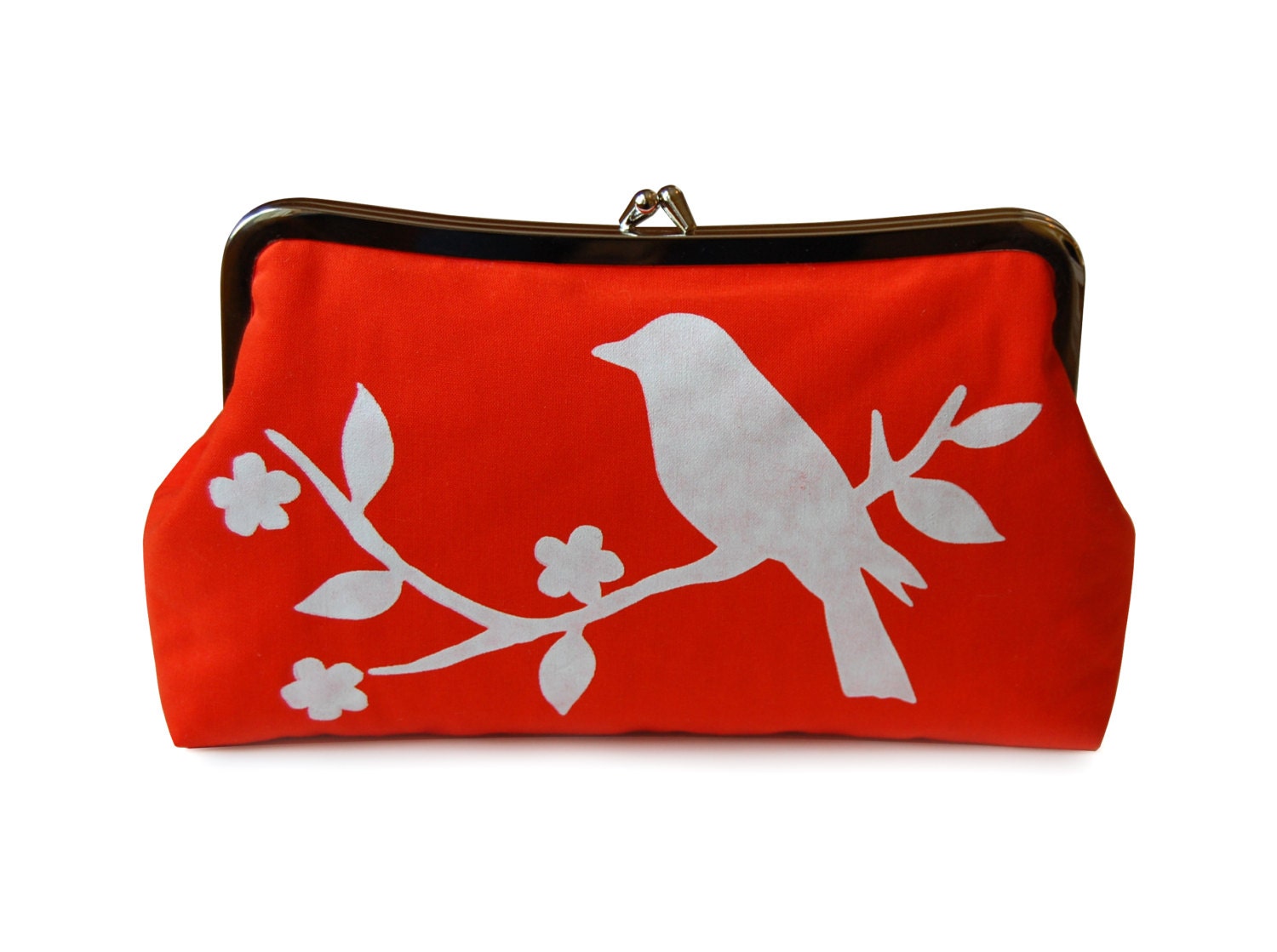Orange clutch bag, Bird handbag, Fabric clutch purse, Screen printed