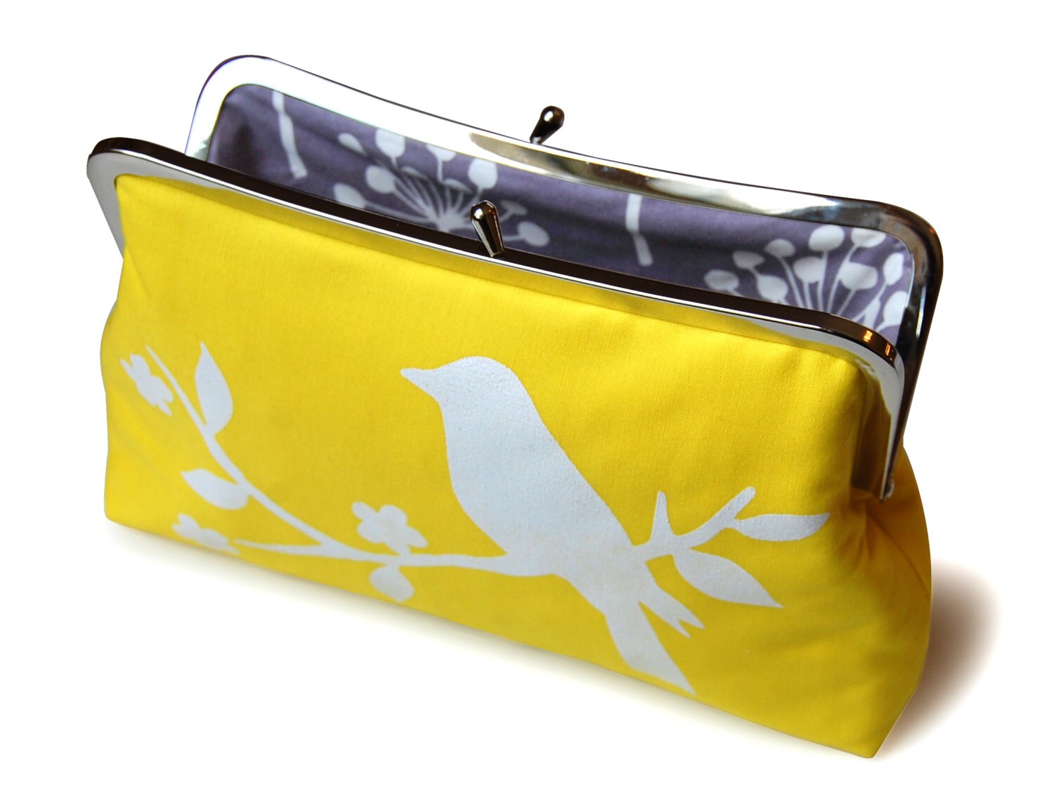 Yellow screen printed clutch purse with white bird