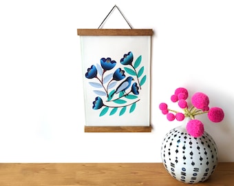 Fabric wall hanging - Blue bird and tulips fabric wall art - Aqua and blue floral and bird fabric wall tapestry with wooden magnetic hangers