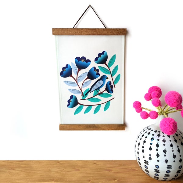 Fabric wall hanging - Blue bird and tulips fabric wall art - Aqua and blue floral and bird fabric wall tapestry with wooden magnetic hangers