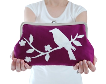 Purple screen printed clutch purse with white bird