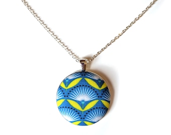 Art Deco fan flowers handmade fabric necklace - blue, yellow, and white fabric button necklace - floral fabric necklace