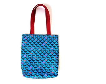 Dachshunds in sweaters tote bag in blue and red - wiener dog tote bag