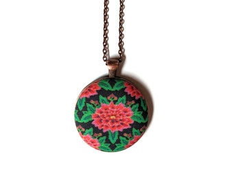 Bright beautiful pink flowers fabric necklace - fabric button necklace - Bright and happy floral pendant necklace - layering necklace