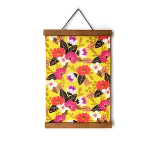 Fabric wall hanging - Pink flowers fabric wall art - Yellow floral fabric wall decor with wooden magnetic hangers - framed floral wall art