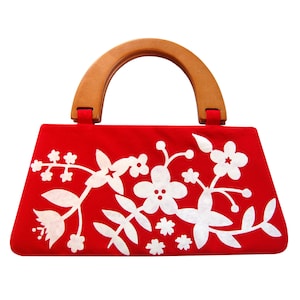 Red floral handbag with wooden handles - screen printed by hand