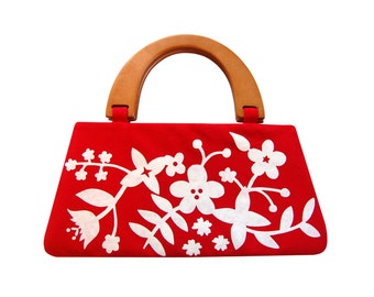 Red floral handbag with wooden handles - screen printed by hand