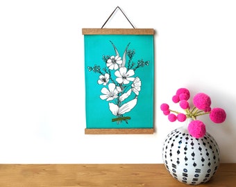 Fabric wall hanging - Hand drawn floral bouquet on teal fabric wall art - Turquoise fabric wall tapestry with wooden magnetic hangers