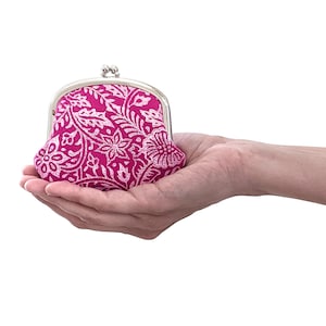 Block printed coin purse in magenta and white - change purse in pink and white floral print - block printed flower pattern coin purse