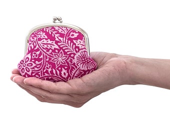 Block printed coin purse in magenta and white - change purse in pink and white floral print - block printed flower pattern coin purse