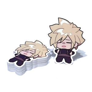 May include: Two cartoon stickers of a blonde-haired character with a tired expression. One sticker shows the character standing with their arms crossed, while the other sticker shows the character lying down. Both stickers are white with black outlines.