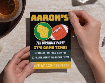Invitación digital de cumpleaños de Green Bay Football, fiesta personalizada imprimible, plantilla fácil de descargar, para cualquier edad, se puede editar, invitación deportiva