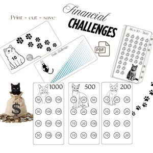 Może przedstawiać: Czarno-białe ilustracje kotów i odcisków łap na białym tle. Obraz zawiera tekst "Financial CHALLENGES" i "Print - cut - save". Znajdują się tu również karty z numerami i ikoną PDF.