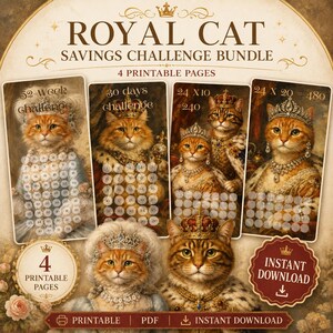 以下が含まれることがあります： 王室風の衣装と冠を身に着けたオレンジ色の猫が描かれた、4枚の印刷可能なページを含むロイヤルキャット貯金チャレンジバンドル。52週間チャレンジ、30日間チャレンジ、および数値目標付きの貯金トラッカー2枚が含まれています。