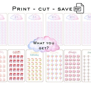 Può includere: Adesivi stampabili per planner con vari disegni, tra cui grafici di risparmio, scatole regalo ed elementi floreali. L'immagine include il testo "Print - Cut - Save PDF" e "What You Get?"