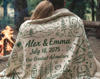 Manta de aventura personalizada, regalo de camping para parejas con nombres y fecha, recuerdo de compromiso al aire libre, manta de aniversario de senderismo para amantes de la naturaleza.