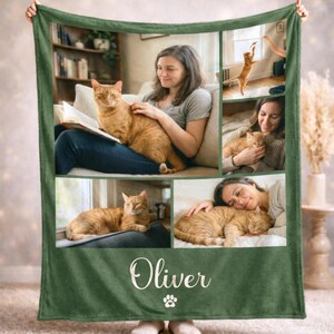 Personalized fleece blanket featuring multiple photos of an orange cat with its owner and custom name text, designed as a sentimental keepsake for cat lovers