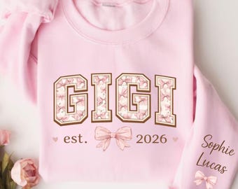 Personalized Coquette Gigi Sweatshirt With Kid Name On Sleeve, Custom Gigi Est Year Hoodie, Floral Bow Crewneck, Mother's Day Gift for Gigi.