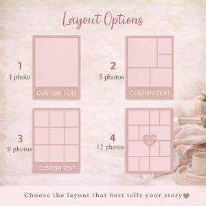 May include: A pink layout options graphic with four design choices. Each layout is a different arrangement of photo boxes, labeled with the number of photos. Text includes "Layout Options", "Custom Text", and "Choose the layout that best tells your story."
