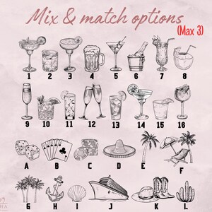 Puede incluir: Una descarga digital imprimible de un juego de fiesta de c&oacute;cteles para mezclar y combinar. La imagen muestra 16 ilustraciones de c&oacute;cteles diferentes, 8 ilustraciones de favores de fiesta diferentes y el texto "Mix & match options (Max 3)".